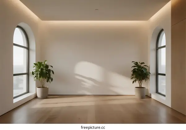 Bright and spacious room with arched windows and green plants