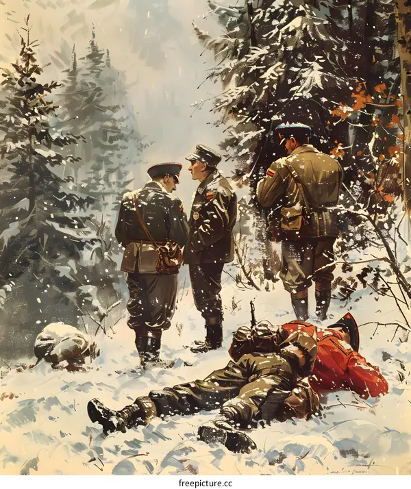 Three soldiers in the snowy forest