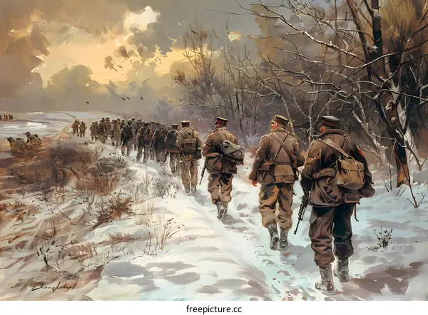 A group of soldiers marching through a snowy forest.