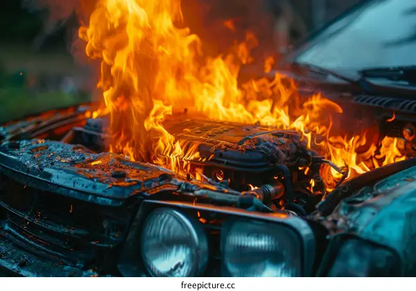 Car engulfed in flames with bright orange fire