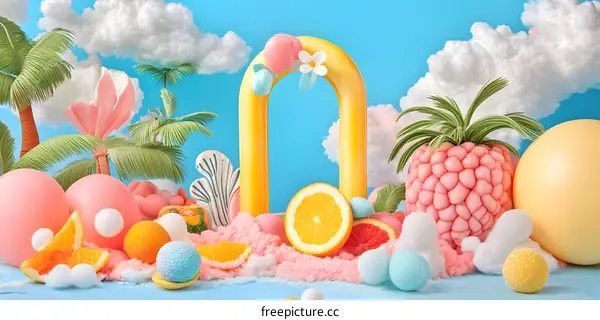 Summer Fruit Still Life with Yellow Arch and Palm Trees