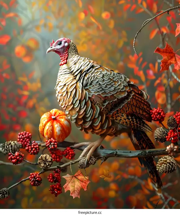 A Thanksgiving turkey sits on a branch with a pumpkin and fall foliage.