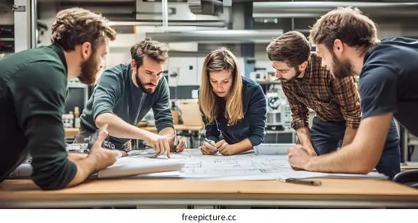 Team of Engineers Working on Blueprint in Industrial Workshop