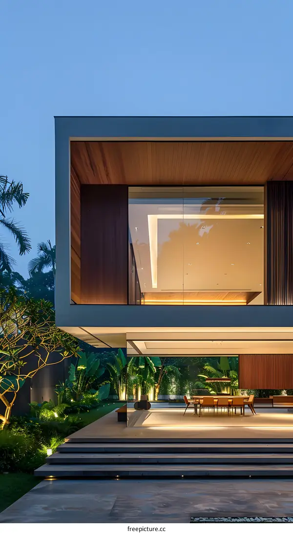 Modern House Exterior with Large Windows and Stone Steps