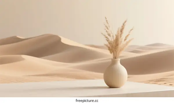 Minimalist Ceramic Vase with Dried Grass Against Desert Dunes