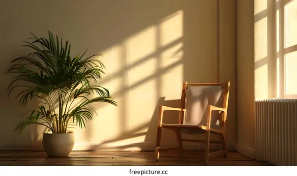 Minimalist Interior Design with Palm Plant and Wooden Chair