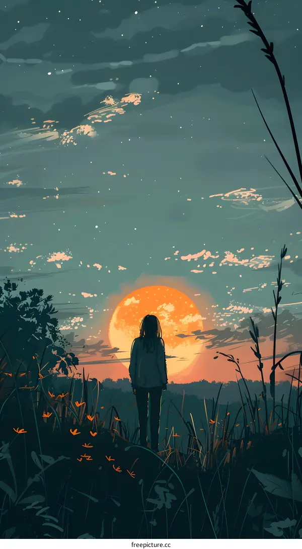 girl standing alone in a field watching the sunset