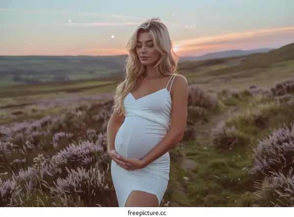 Pregnant woman standing in a field of heather at sunset