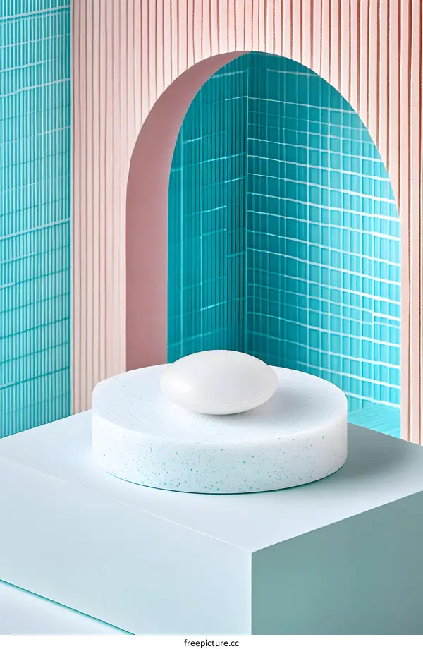 White Oval Object on Blue and Pink Platforms