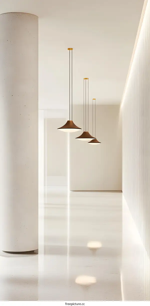 Modern Minimalist Interior Design with  Suspended Lighting and White Walls
