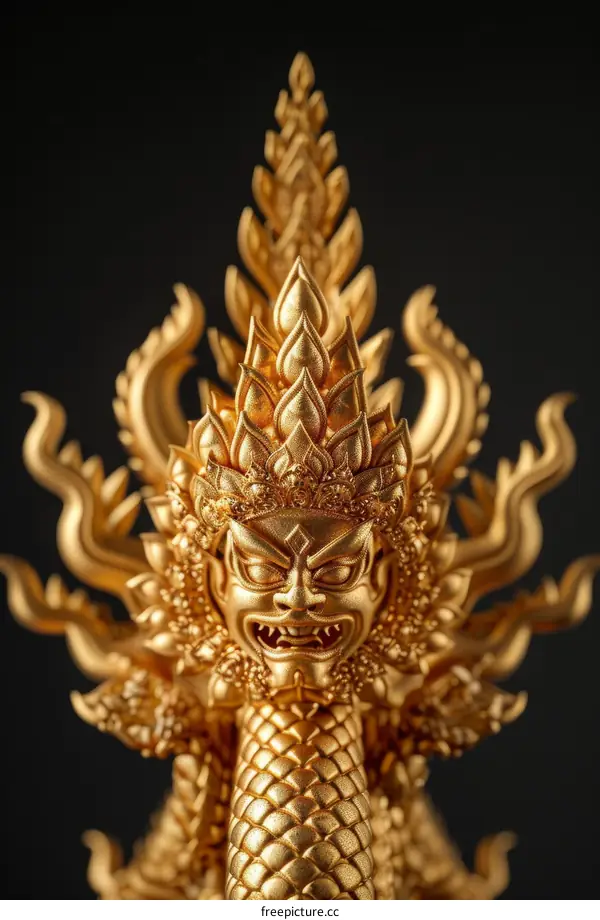 Golden sculpture of a Hindu deity with a fierce expression