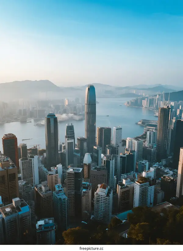 Aerial View of Modern Cityscape with Skyscrapers and Waterfront