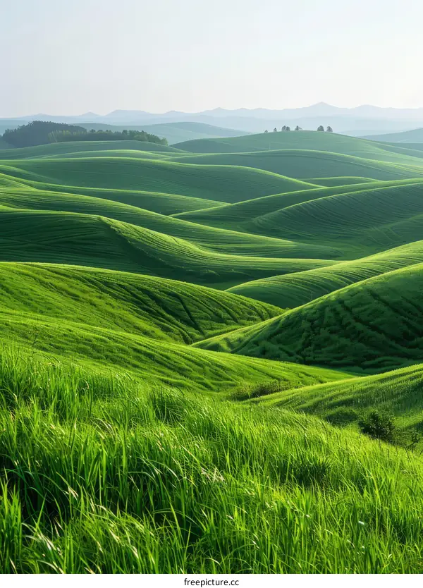 Picturesque green rolling hills under the clear blue sky