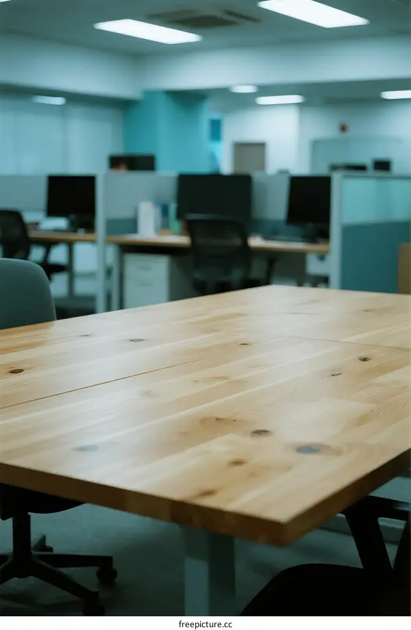Modern office space with wooden table and workstations