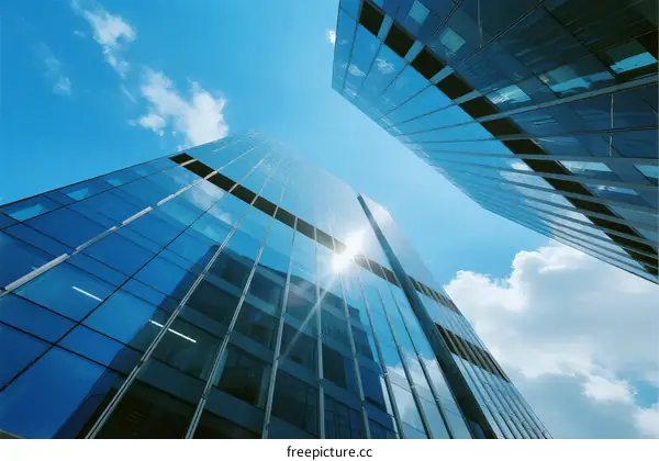 Modern glass skyscrapers under a clear blue sky
