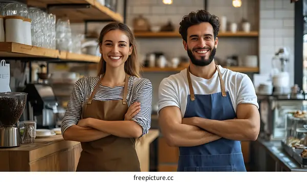 Two cafe workers smiling at the camera
