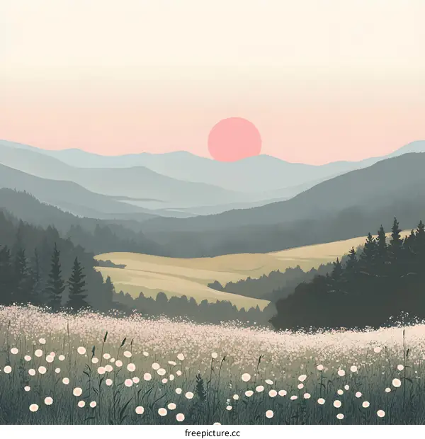 Mountain Landscape with Sunset and Wildflowers