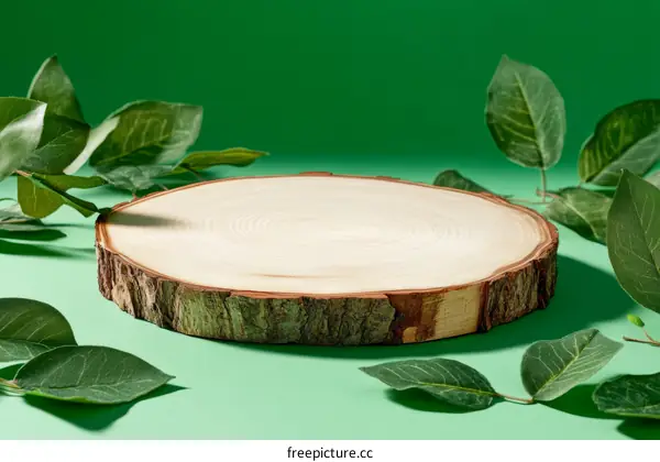 Natural Wooden Slice Display with Fresh Leaves