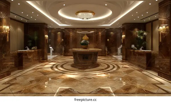 Lavish hotel lobby interior with marble floor and crystal chandelier