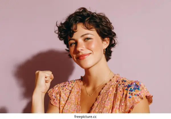 Smiling Woman with Short Curly Hair in a Vibrant Dress