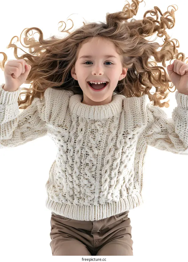 Little girl with curly blond hair jumping in the air