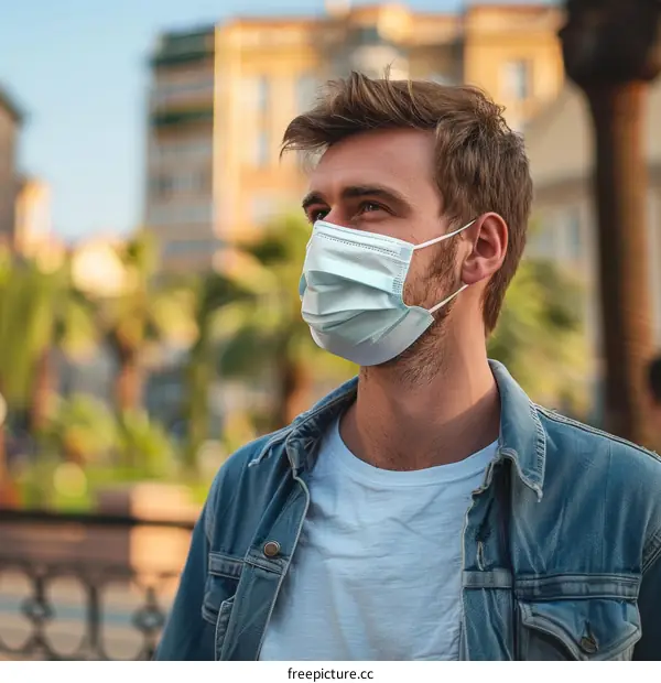 Young man wearing a mask looking away from the camera