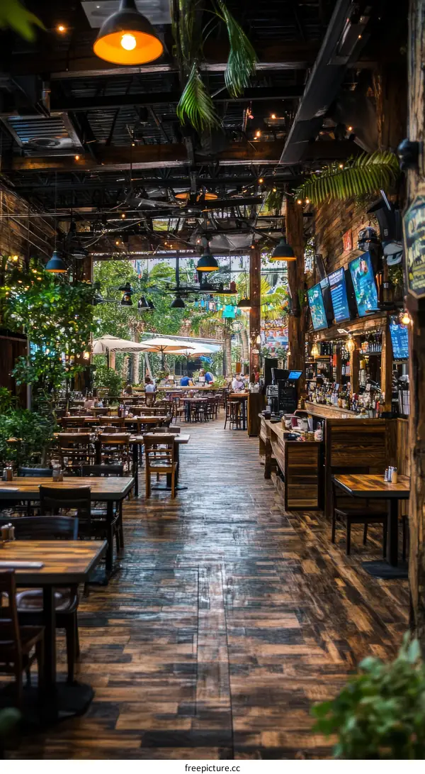 Rustic Outdoor Restaurant Dining Area with Multiple Tables