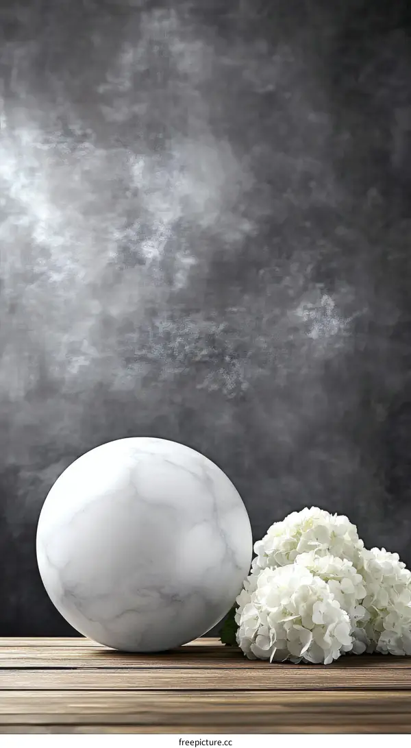 Elegant Marble Sphere and Hydrangeas