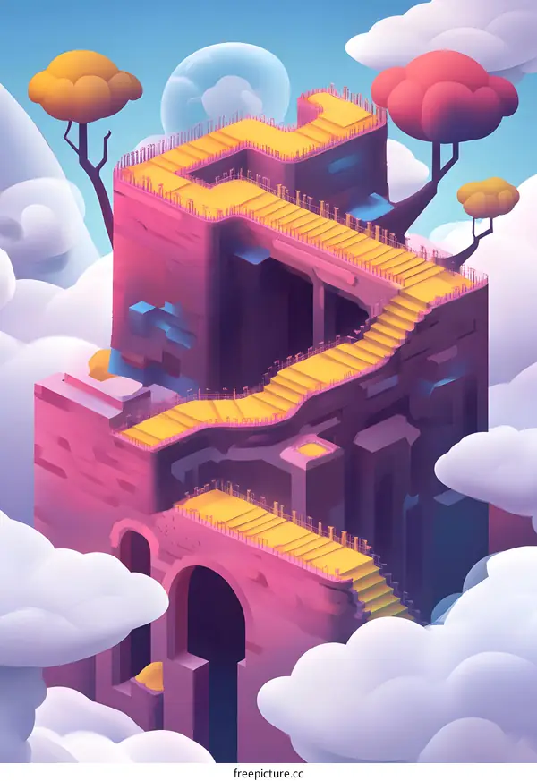 Abstract Digital Art Illustration of a Dreamy Sky Castle with Golden Stairs and Trees