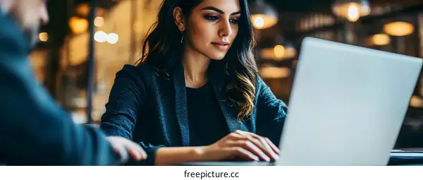 Businesswoman Working on Laptop in Cafe