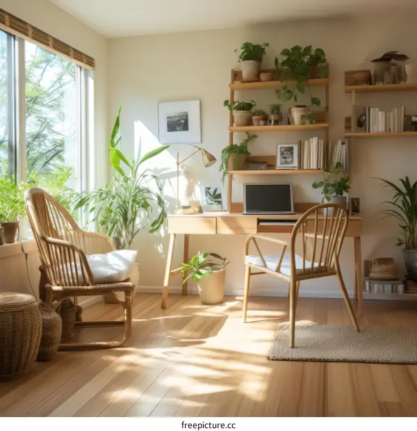 A Bright and Airy Home Office with a Large Window and Plants