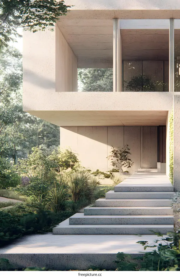 Minimalist Modern House With Steps And Greenery