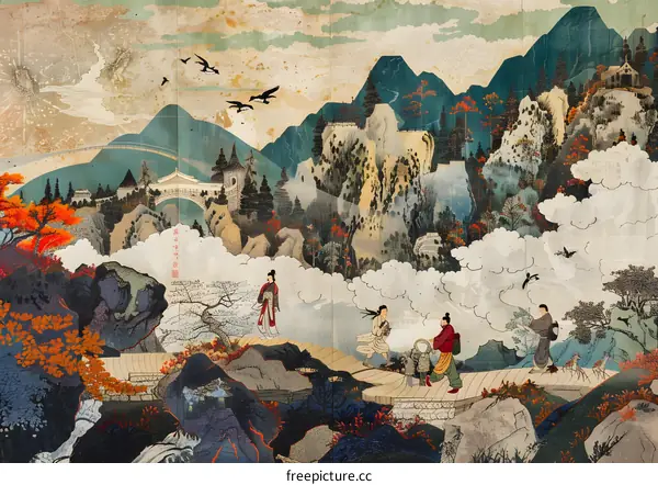 Vintage Asian Landscape Painting With Figures