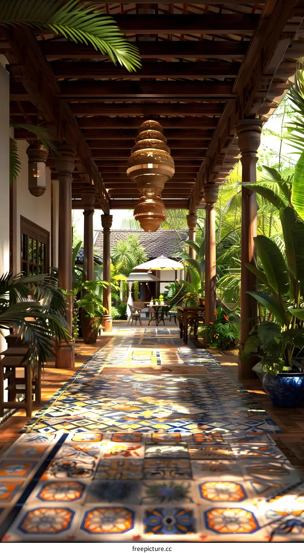 Tropical wooden walkway with colorful cement tiles and green plants