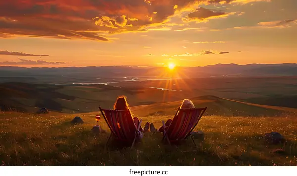 Two Women Relaxing in Folding Chairs While Watching Sunset Over The Mountains