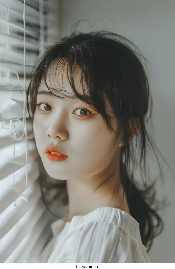 Portrait of Asian Woman with Blinds in Background