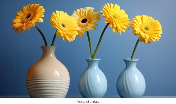 Three vases of yellow daisies on a blue background