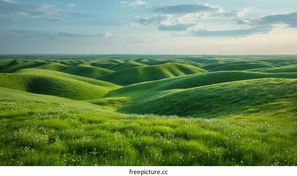 Green Hills under Blue Sky and White Clouds