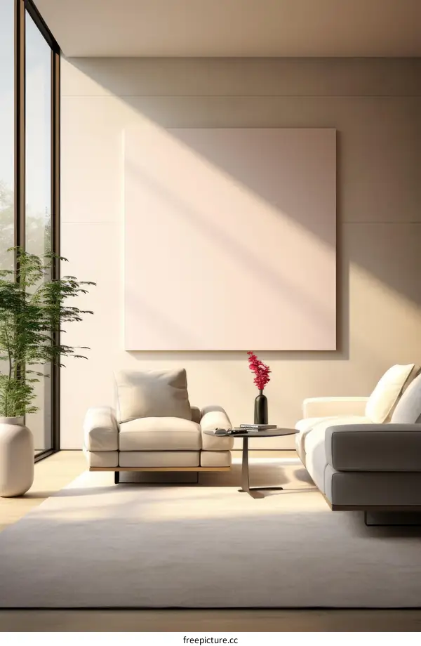 Modern living room interior with large windows, white walls and stylish furniture