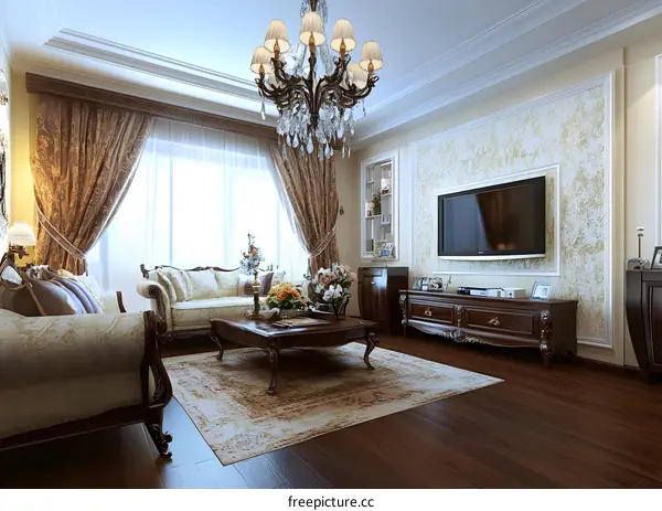 Luxury Living Room Interior Design with Crystal Chandelier and Wooden Furniture