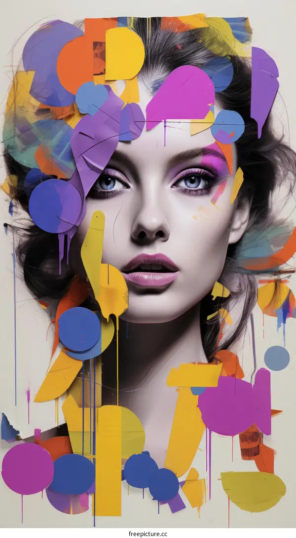 Portrait of a woman with colorful abstract shapes on her face
