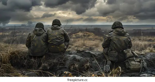 Three soldiers sitting on a hill looking at the destroyed city