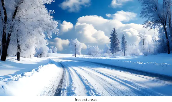 Winter Wonderland Road Through Snowy Woods