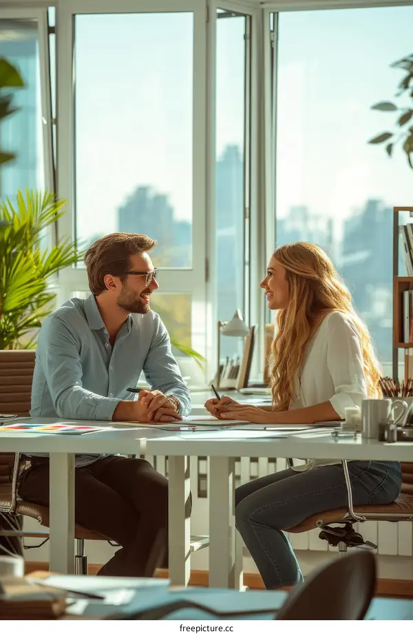 Blond woman and man in glasses sitting at desk and talking