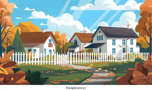 Autumn Landscape With Houses and Fence