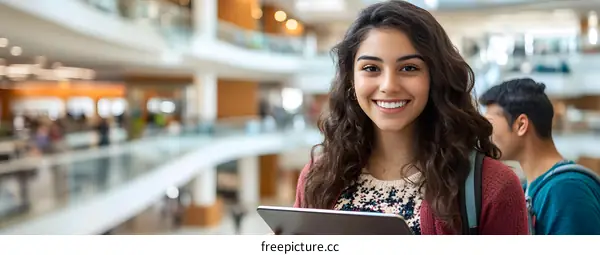 Young Woman Smiling While Holding A Tablet Inside A Modern Building