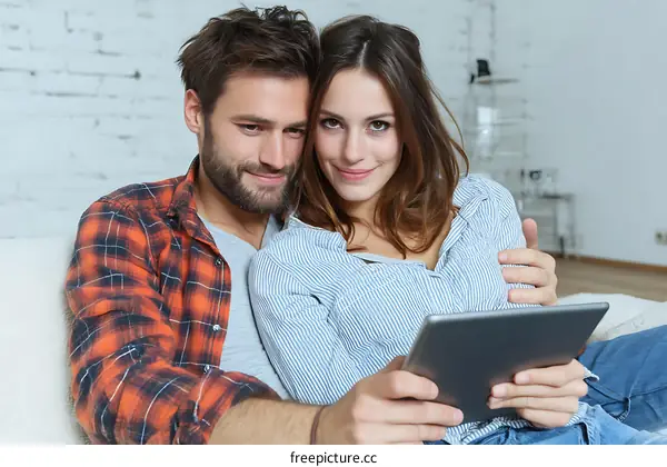 Couple Relaxing and Using Tablet at Home