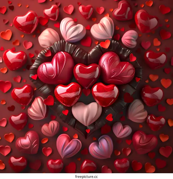 A heart-shaped candy box with various colored heart-shaped candies inside and a variety of heart-shaped candies scattered around it