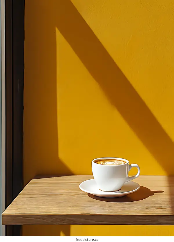 White Coffee Cup with Latte Art on Wooden Table Against Yellow Wall