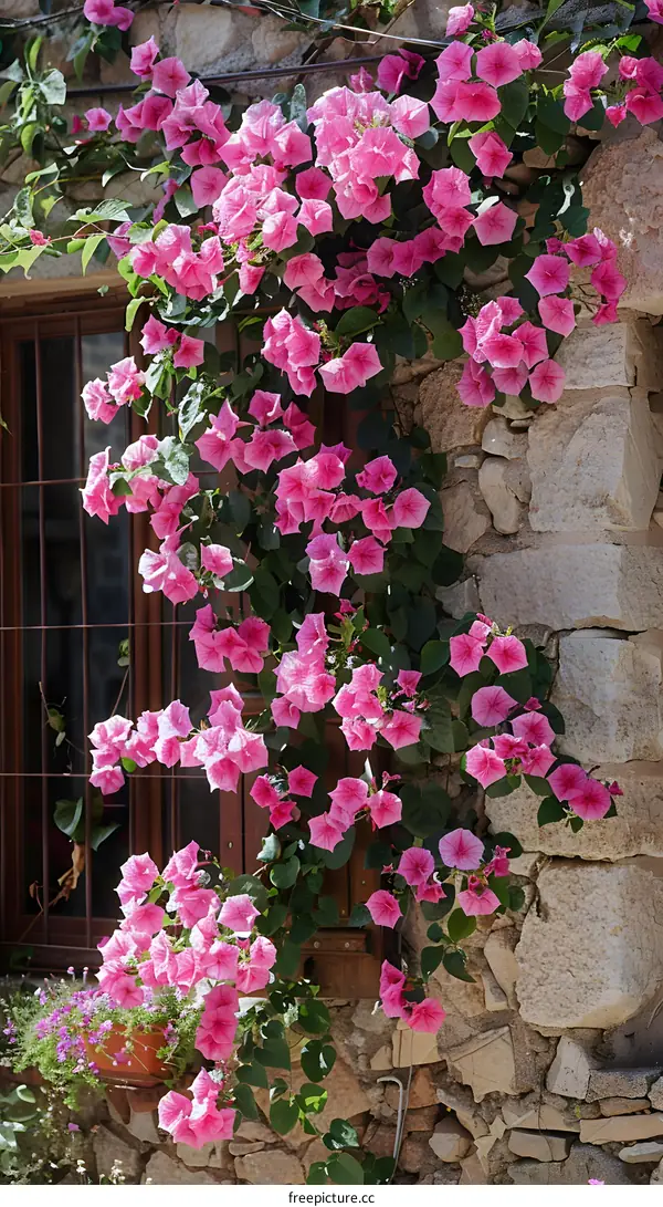 Pink flowers climbing on a stone wall
